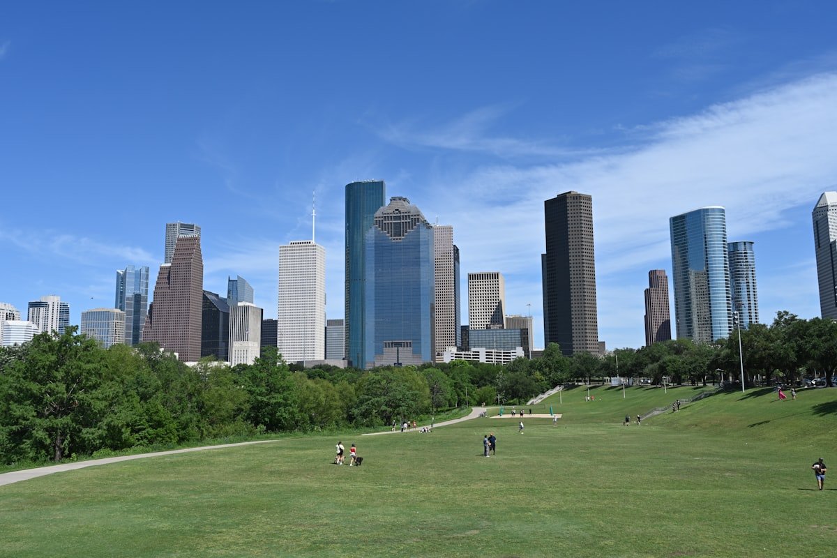 Downtown Houston skyline seen across Buffalo Bayou Park